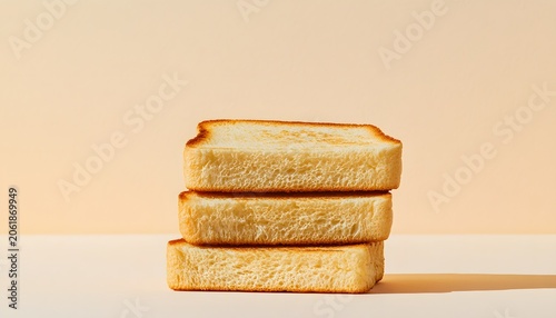 Three stacked slices of fresh bread with a light background, ideal for culinary and bakery themes.