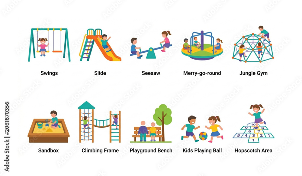 Fototapeta premium Kid Playground Flat Icon Set for Web Design Playground Equipment and Children Activity Vector Icons