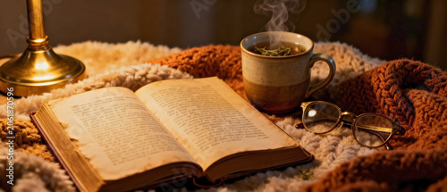 Cozy reading nook features an open hardcover book, steaming cup of tea, and eyeglasses resting on soft cozy blanket. Warm light from lamp creates an inviting atmosphere for quiet cozy reading nook.