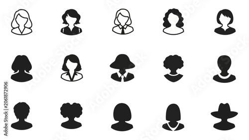 Collection of female avatar icons, diverse hairstyles and professional styles, vector illustration