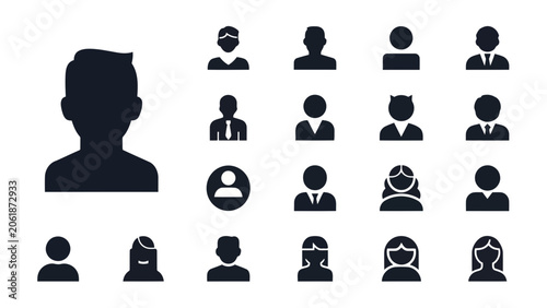 Set of user profile icons, avatar symbols, and people silhouettes for web and mobile applications