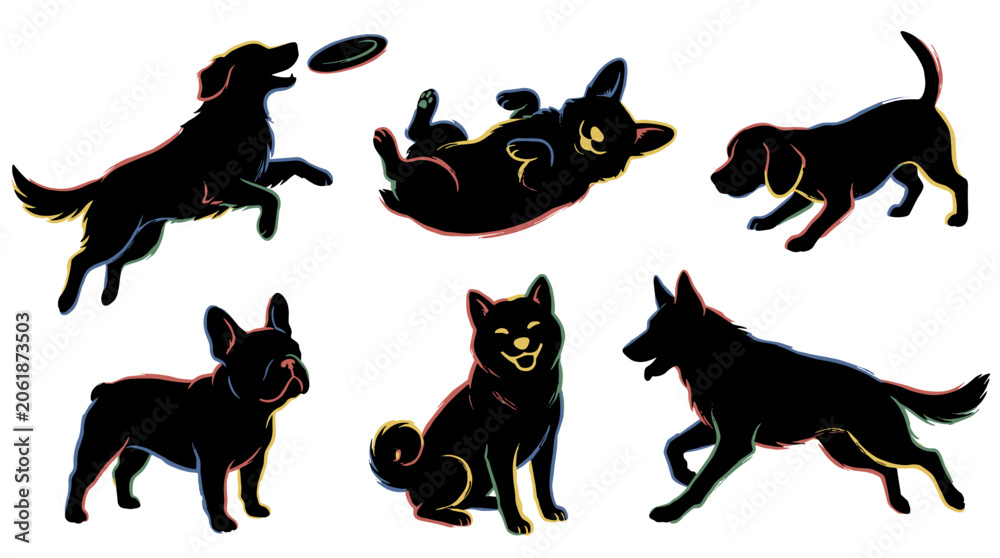 Fototapeta premium A vibrant collection of black dog silhouettes with colorful outlines, depicting playful and diverse canine breeds in different actions.