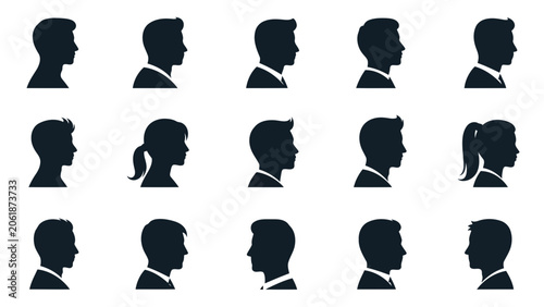 Set of male and female head silhouettes in profile view