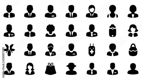 Large set of diverse people icons, professional avatars, and business symbols for user interface and corporate identity