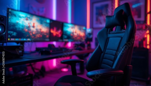 This is an image of a gaming room with two monitors and a gaming chair