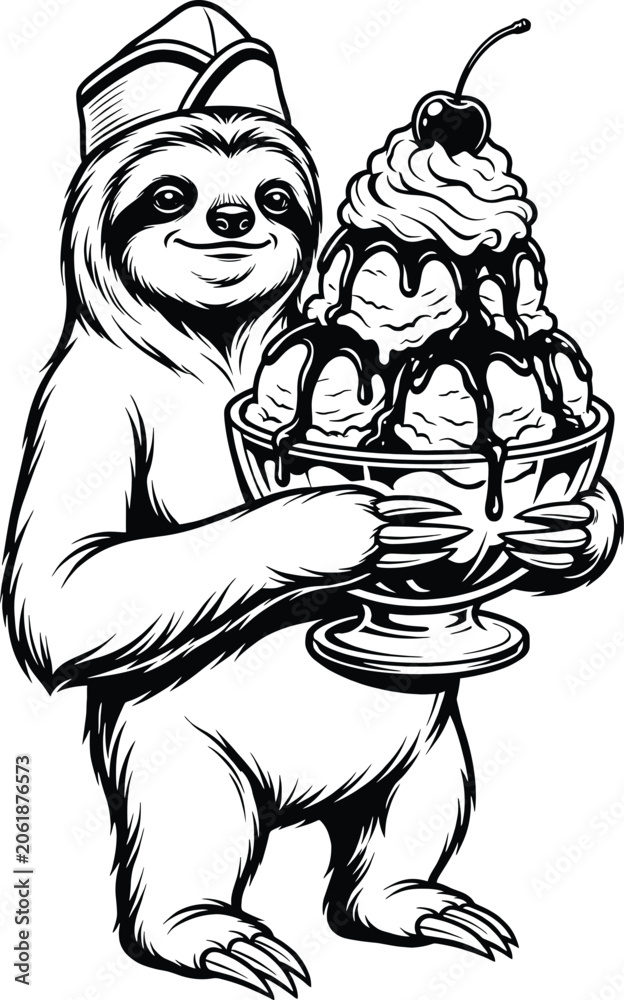 Fototapeta premium Anthropomorphic sloth wearing a retro hat holding a giant ice cream