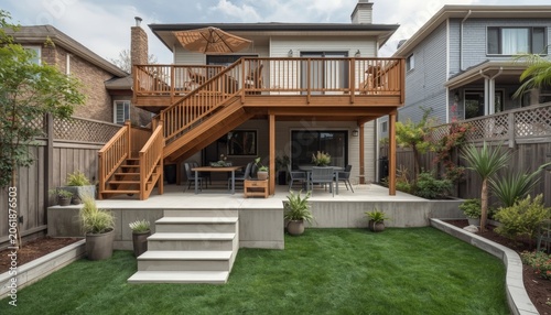 There is a wooden staircase going up to a deck in a backyard
