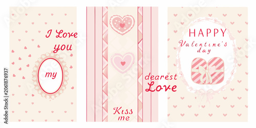 Valentine s day cards with hearts and ribbons watercolor style