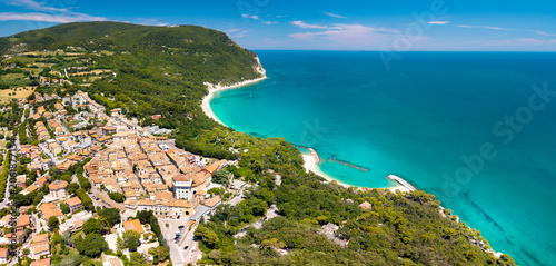 Sirolo panorama Marche Italy aerial view charming medieval village hilltop Adriatic Sea Monte Conero Nature Park scenic coastal landscape with tropical color water. high resolution wall art print
