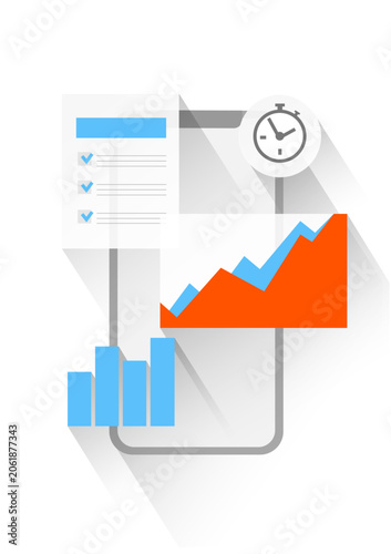 Mobile business analysis concept, with graphs and financial reports. Illustration for investment and sales analysis.