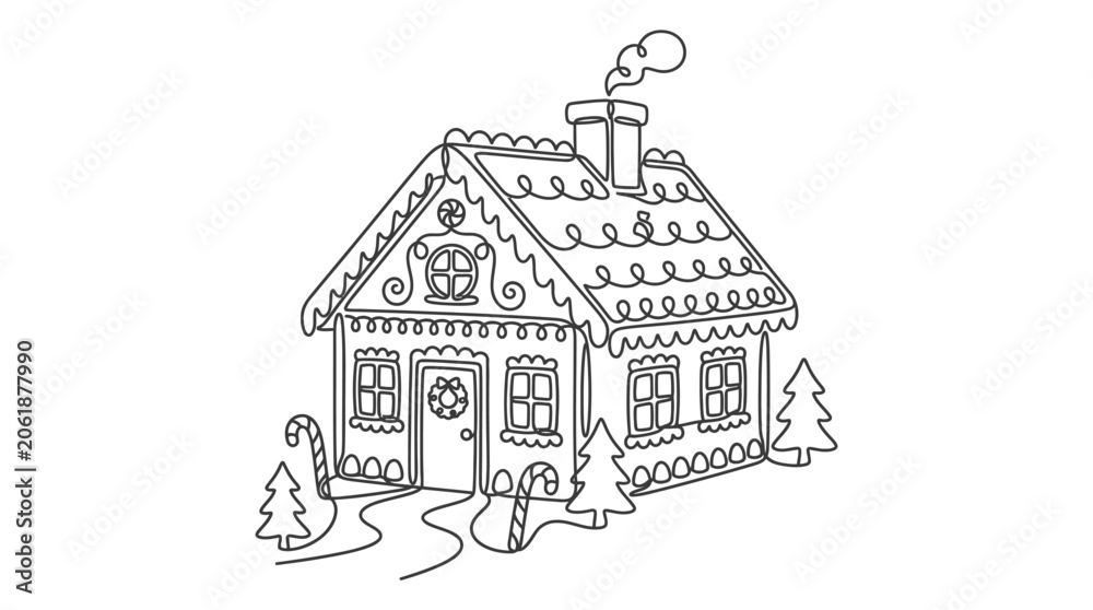 Fototapeta premium Gingerbread house line drawing on a white background