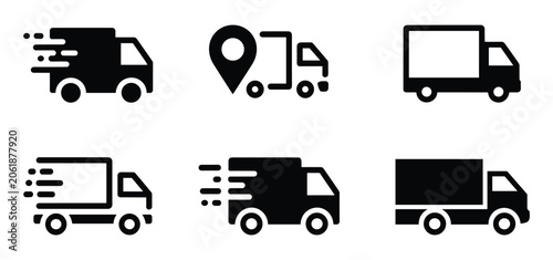 Photos Delivery Truck Icon Set: A collection of simplified vector graphics representing various delivery trucks and logistics symbols