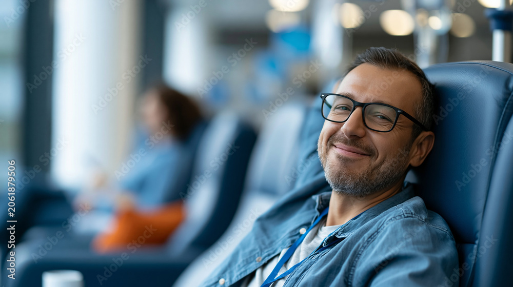Obraz premium Happy patient resting comfortably in a clinic with a warm smile and casual attire, relaxed healthcare environment, defocused clinic interior in background, patient wellness