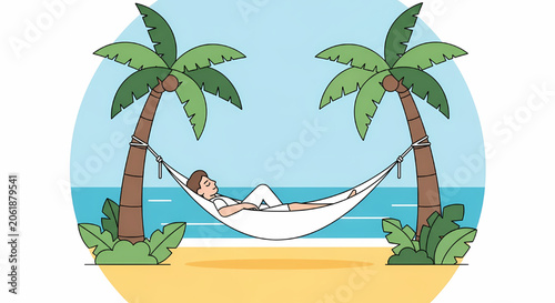 Illustration of a man relaxing in a hammock on the beach