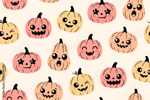 Cute Halloween Pumpkin Seamless Pattern. Playful Kawaii Jack-o'-Lantern Faces in Soft Pastel Colors.