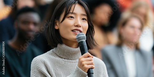 Young woman asking a question with microphone in audience for event banner and public speaking background material