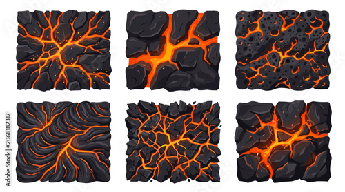 Set of six pixel art lava textures with glowing cracks and molten rock