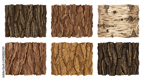 Collection of six different tree bark textures and patterns isolated on white background