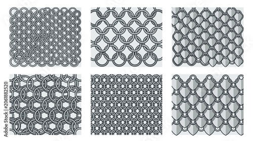 Collection of six different chainmail patterns and textures for armor and historical designs