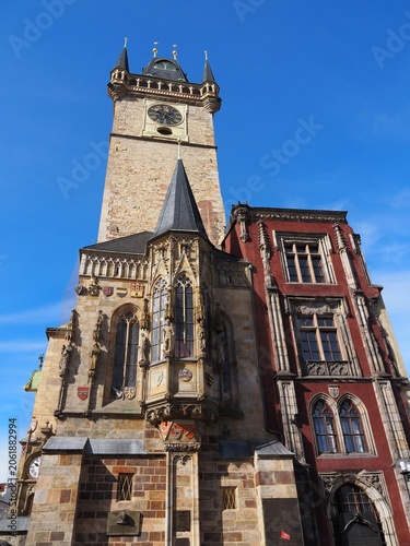 Old Town Hall Tower with Astronomical Clock in Prague's Old Town Square on a clear sunny day. Landmarks and historic architecture of Prague, Czech Republic.