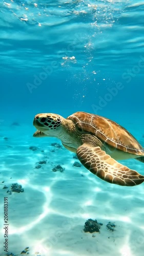 Underwater view of a green sea turtle swimming over reef