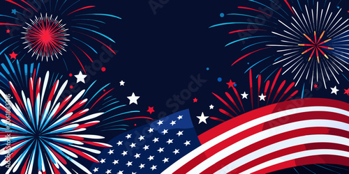 Patriotic holiday celebration with flag and fireworks, vector