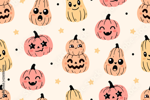 Cute Halloween Pumpkin and Gourd Seamless Pattern. Kawaii Autumn Characters with Happy Faces, Stars, and Playful Seasonal Design.