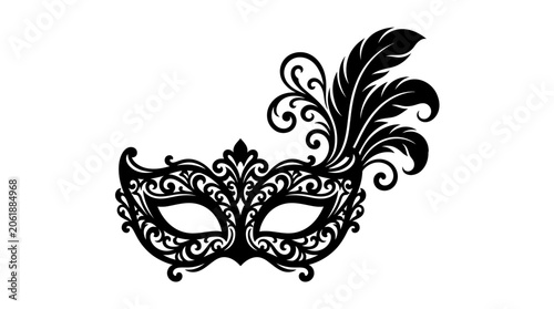 Schilderij op canvas Elegant masquerade mask silhouette with feather adornment on white background