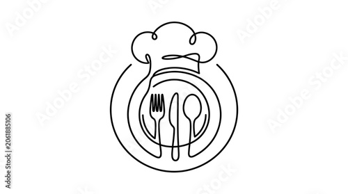 Quadro su tela Chef Hat And Utensils Line Drawing White Background
