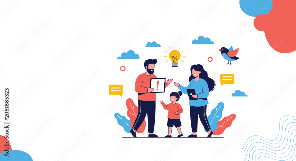 Fototapeta premium A happy family with a young girl discusses ideas and plans, surrounded by a light bulb, chat bubbles, and abstract shapes, symbolizing creativity and communication.