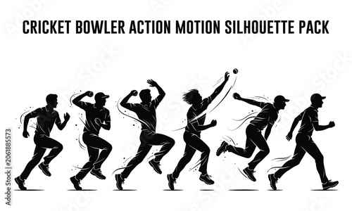 Tableau sur toile Cricket bowler bowling action motion silhouette pack vector illustration