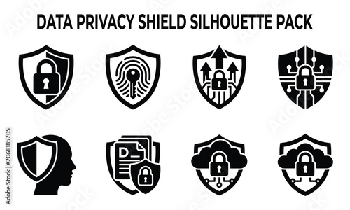 Data privacy shield silhouette pack vector illustration