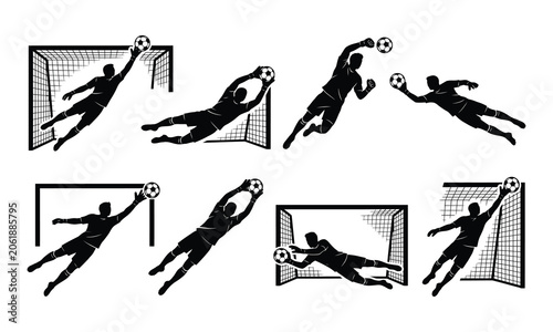 Football goalkeeper diving save silhouette pack designs collection vector illustration