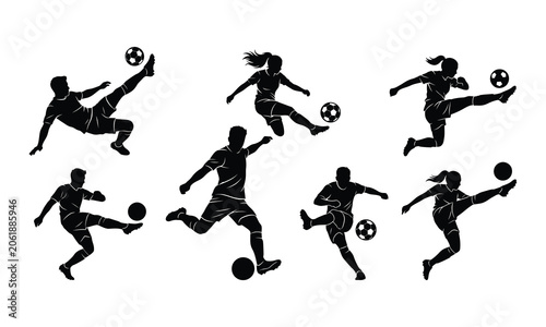 Football player kicking ball silhouette pack designs collection vector illustration