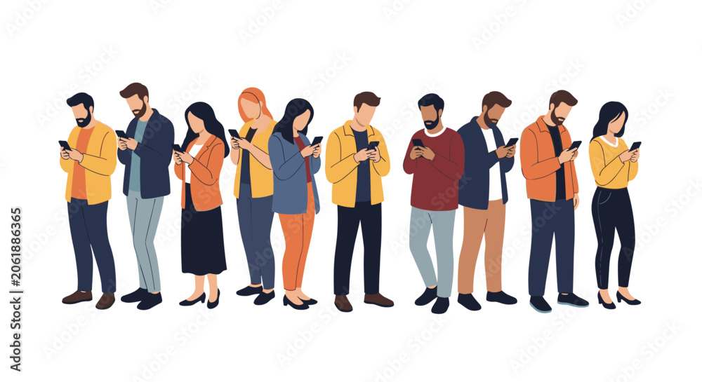 Obraz premium A diverse group of people, standing in a line and engrossed in their smartphones, illustrating modern communication, digital connection, and mobile technology usage.