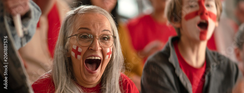 Quadro su tela Excited senior woman football fan supproting English national team in live soccer match at stadium