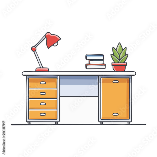 Flat design vector desk with laptop and plant