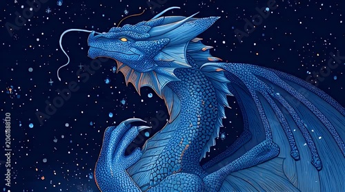 Majestic blue dragon guards glowing golden egg against star-filled night sky