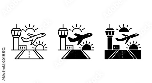Fotografía Airport Icons, Air Traffic Control Tower and Airplane Vector Set, Travel and Avi
