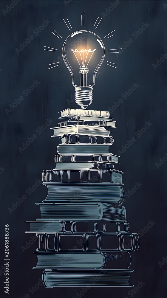 © 奈美 北橋 - 黒板風の背景に高く積み上げられた本とその頂点で眩しく輝く電球を描いた知性やアイデアを表現するチョークアート調の縦型イラスト