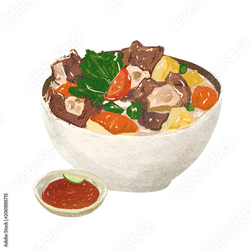 Quadro su tela Hand-drawn doodle sketch illustration of traditional Indonesian oxtail soup served in a white bowl with vegetables and a side of chili sauce