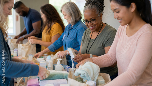 Diverse group of adults packing hygiene supplies and towels into donation bags during a community service charity event.