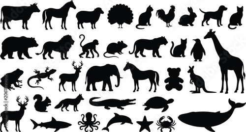 Photography Large Collection of Animal Silhouettes Wild Marine and Farm Animals Icons Isolat