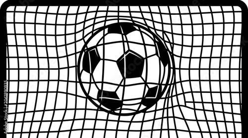 Close-up of a soccer ball in a goal net with a plain white background, showcasing a black and white color scheme.