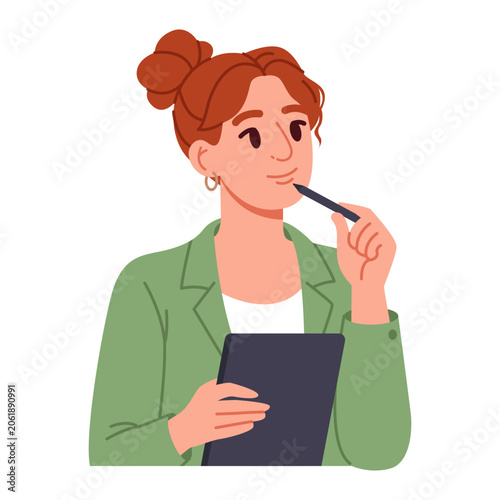 Young Woman with Clipboard Thinking. Flat Vector Illustration.