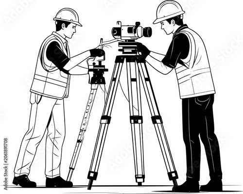 Surveyors using optical level and measuring rod on construction site
