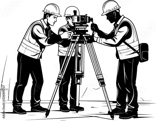 Surveyors using optical level and measuring rod on construction site
