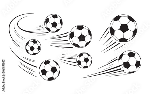 Several soccer balls flying with motion trails on transparent background active game.