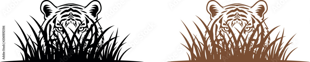 Fototapeta premium Two variations of a tiger's head peering through tall grass black and sepia tones isolated on transparent background