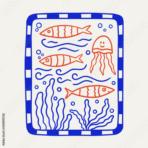 Abstract naive sea life illustration. Red fish and jellyfish in blue water with seaweed. Scandi aesthetic marine card.